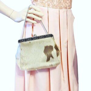 1970s Vintage Victorian Look Small Purse Tan And Brown Spotted Cow Hide Handbag